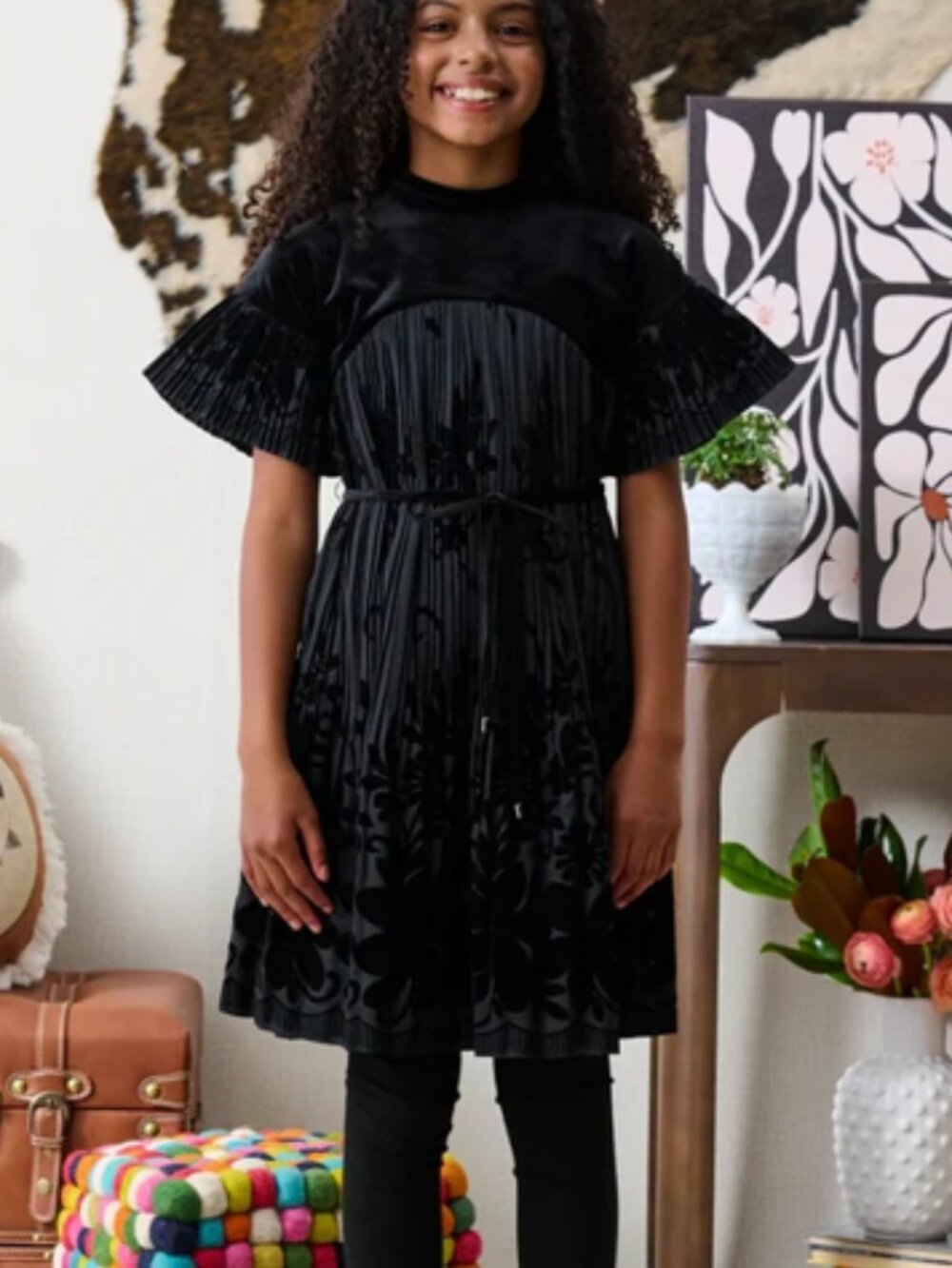 Porter Pleated Velvet Floral Print Dress Size 12, Elegant Pre-Owned Excellent